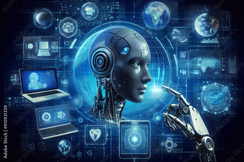 Obraz premium Hand and head of cyborg on blue background with gadgets.