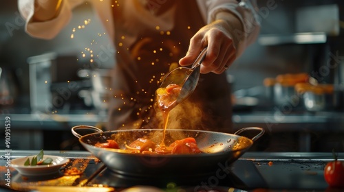 Chef Adding Sauce to Sizzling Dish in a Pan photo