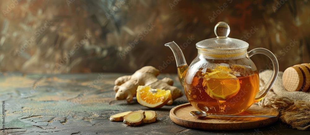 Fototapeta premium A teapot filled with tasty tea featuring ginger and honey placed on a table with a blank space ideal for an image. Creative banner. Copyspace image