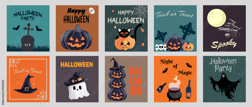 A variety of greeting cards for the Halloween holiday. A colorful collage for the annual Halloween festival. A variety of greeting cards for the Halloween holiday. A colorful collage for the annual Halloween festival.