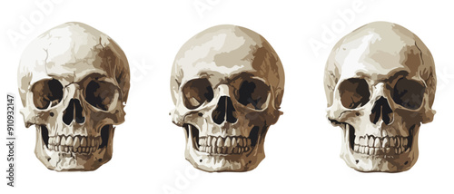 Set of realistic human skulls for various designs.