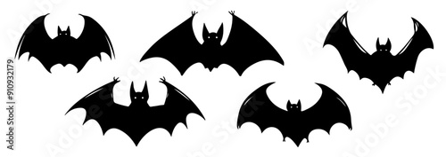 Figurines of black bats on a white background for Halloween. For holiday design and decor.