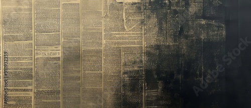 Overlay of antique newspaper print, on black background, Generative AI