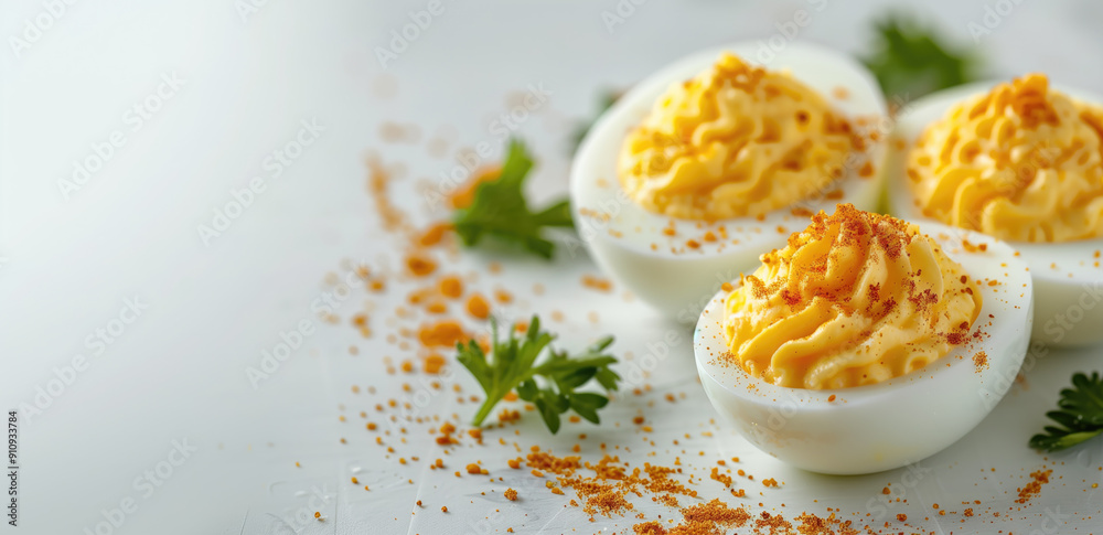 Close-up of three deviled eggs garnished with paprika and parsley on a white surface. Greeting card for International Deviled Egg Day. Concepts of culinary presentation, tasty appetizers. Close-up of three deviled eggs garnished with paprika and parsley on a white surface. Greeting card for International Deviled Egg Day. Concepts of culinary presentation, tasty appetizers.