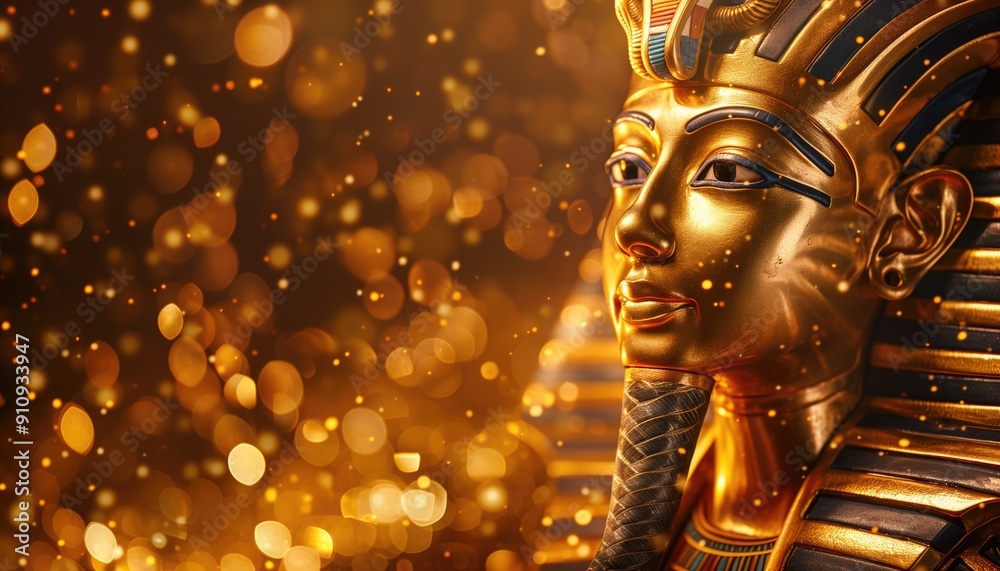 Golden Pharaoh mask with detailed headdress surrounded by glowing bokeh ...