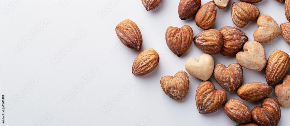 Nuts shaped like hearts on a white backdrop with available copy space image Nuts shaped like hearts on a white backdrop with available copy space image