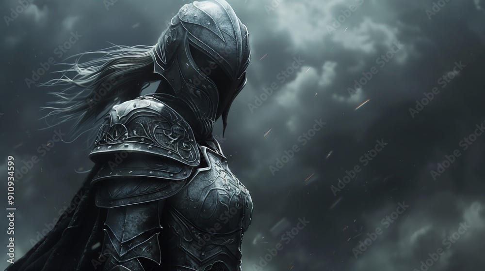 A mysterious armored knight stands in a stormy landscape, reflecting strength and determination under dark, ominous skies. A mysterious armored knight stands in a stormy landscape, reflecting strength and determination under dark, ominous skies.