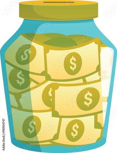 Glass money jar filled with dollar bills representing saving money concept