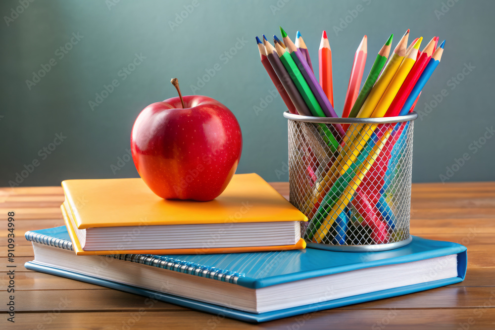 Fresh Red Apple and Colorful Pencils on Books in Classroom Setting Fresh Red Apple and Colorful Pencils on Books in Classroom Setting