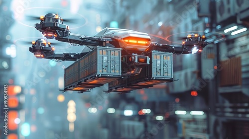 Cargo drone delivering a package in a city.