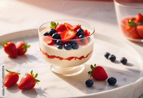 Fresh dessert served in a glass bowl, filled with chunks of juicy fruit. This healthy and colorful treat offers natural sweetness and refreshment with a variety of seasonal fruits