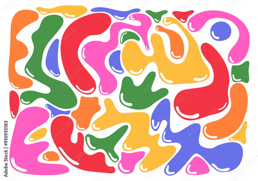 Set of liquid organic shapes. Abstract irregular random blobs. Coloful wavy bubbles and drops in trendy y2k style.