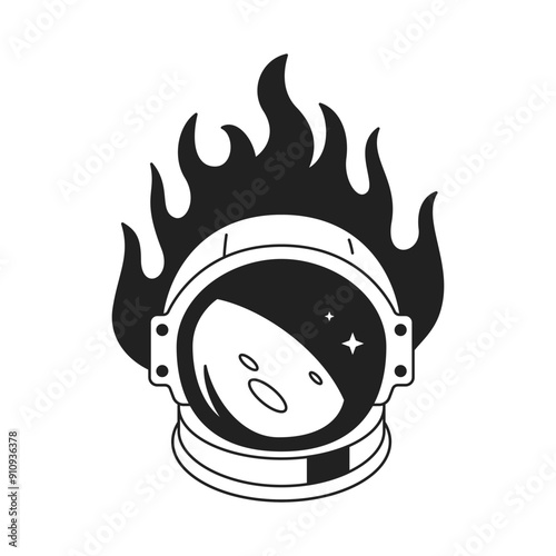 Y2k gothic astronaut helmet with burning flame art tattoo outline icon vector flat illustration. Cosmonaut science fiction galaxy universe travel spacesuit with planet space reflection artwork