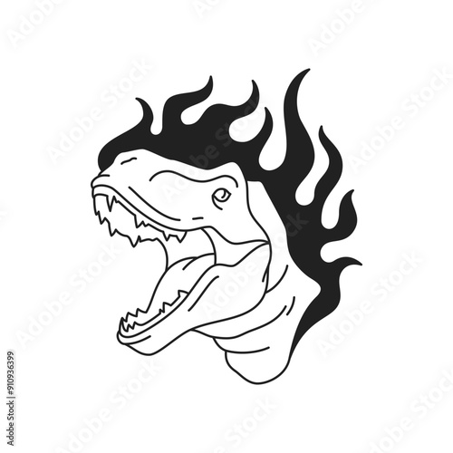 Y2k roaring dinosaur with burning flame black tattoo outline icon vector flat illustration. Dangerous medieval prehistoric angry reptile tyrannosaurus dino portrait with fire artistic t shirt print