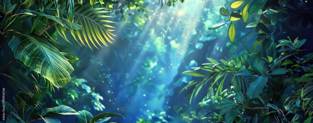 Fototapeta premium Plantes vertes dans la jungle. Illustration dans le style d'une bannière fantastique avec éclats de lumière vive et des rayons de soleil traversant les arbres avec un éclairage doux.