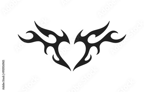 Y2k neo gothic burning heart silhouette with wings black tattoo icon vector flat illustration. Psychedelic fire flame blazing love amour enamored abstract minimal shape Valentine sticker t shirt print
