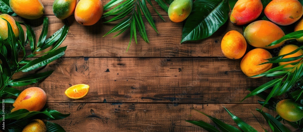 Top view of tropical fruits like mango on a wooden backdrop with copy space image Top view of tropical fruits like mango on a wooden backdrop with copy space image