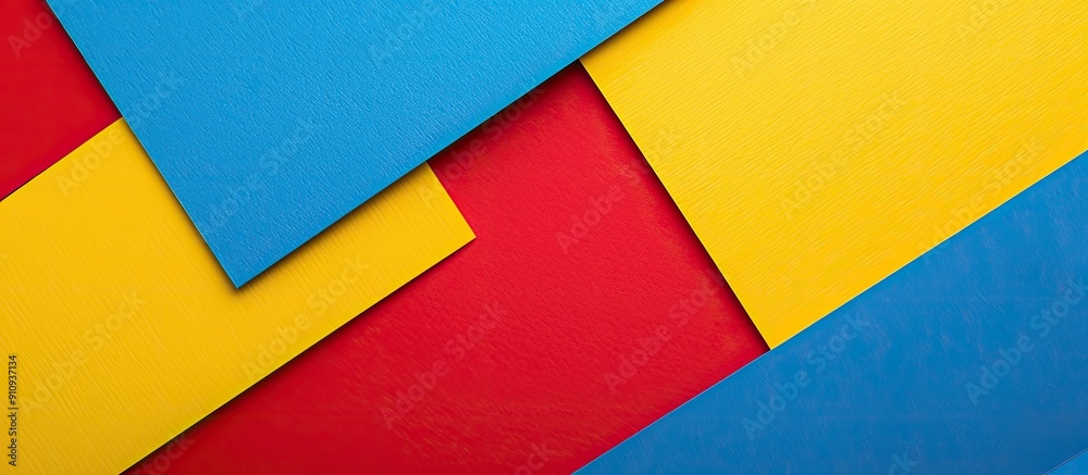 Vibrant geometric papers in yellow red and blue provide a textured background with stripes in a top view flat lay with copy space image Vibrant geometric papers in yellow red and blue provide a textured background with stripes in a top view flat lay with copy space image