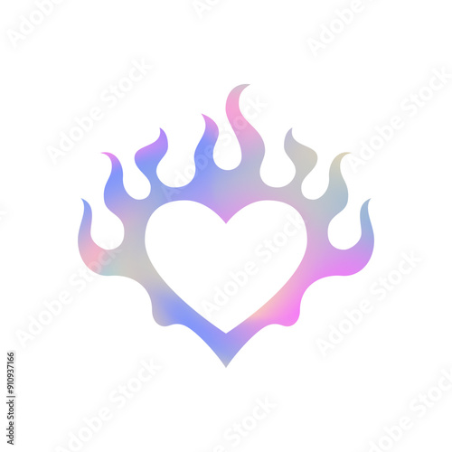 Y2k metal hologram gradient heart fire flame silhouette icon vector flat illustration. Psychedelic pink neon chrome holographic love amour romantic shape flammable blaze trendy t shirt print