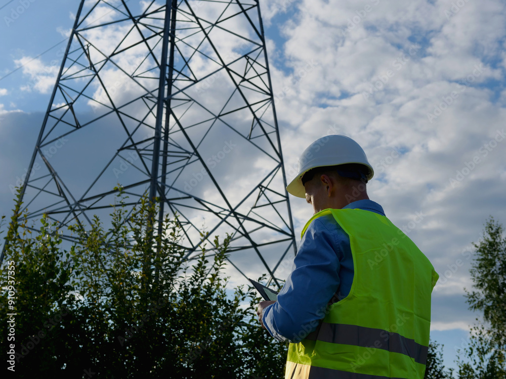 Equipped with a white helmet, reflective vest, and tablet, an energy engineer examines an electric tower and wires. This energy engineer is committed to maintaining power distribution systems. Equipped with a white helmet, reflective vest, and tablet, an energy engineer examines an electric tower and wires. This energy engineer is committed to maintaining power distribution systems.