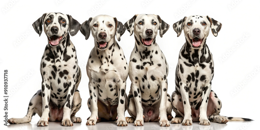 A group of four happy Dalmatian dogs sitting side by side, isolated on a white background. Their distinctive black spots and joyful expressions are charming and endearing