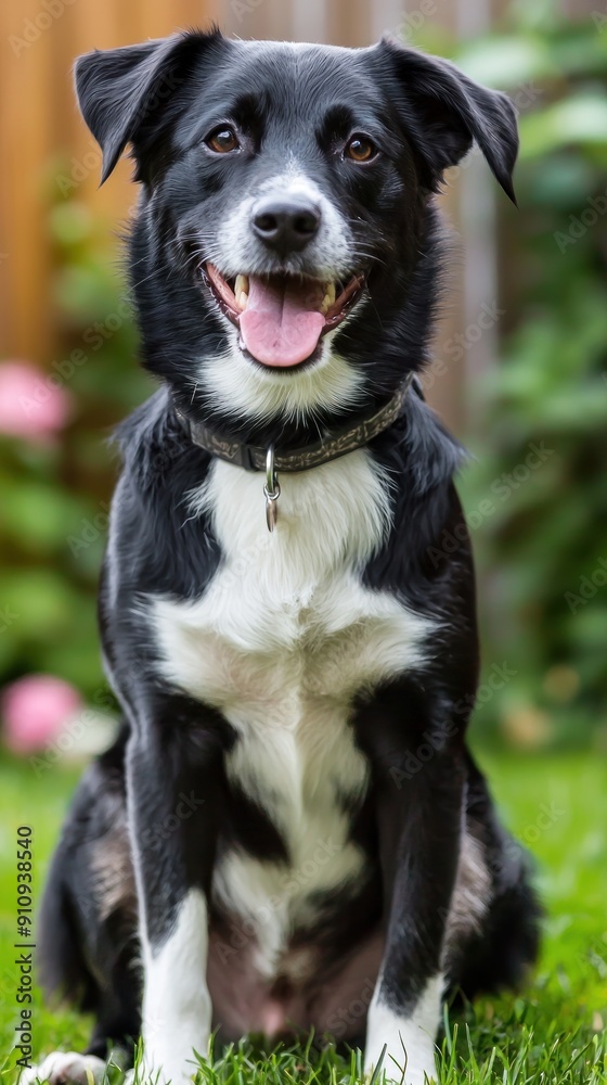 Happy Border Collie dog sitting on grass in garden Generative AI Happy Border Collie dog sitting on grass in garden Generative AI