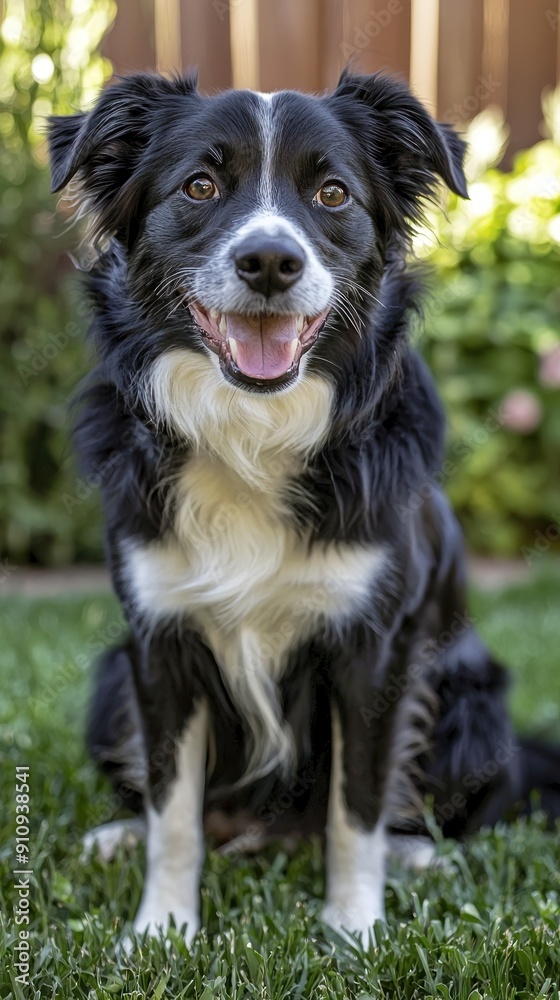 Happy Border Collie dog sitting on grass in garden Generative AI Happy Border Collie dog sitting on grass in garden Generative AI