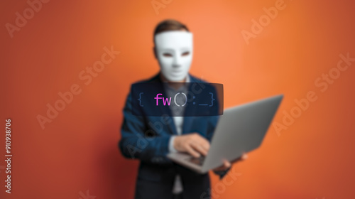 Cybersecurity concept fw on foreground screen, hacker silhouette hidden with low poly style mask. Vulnerability and attack on colored code editor. Text in English, English text