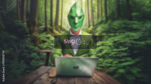 Cybersecurity concept swg on foreground screen, hacker silhouette hidden with low poly style mask. Vulnerability and attack on colored code editor. Text in English, secure web gateway. photo