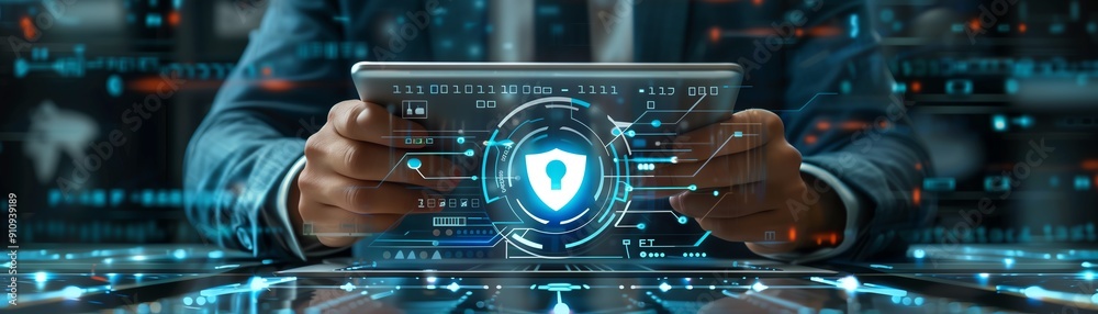 IT specialist holding a tablet with a holographic network icon and a security shield icon IT specialist holding a tablet with a holographic network icon and a security shield icon