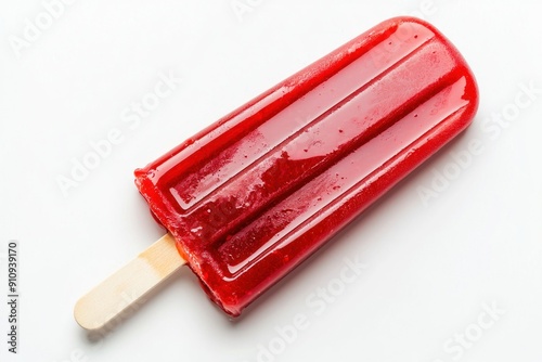 Melting red ice popsicle with bite on white background Generative AI