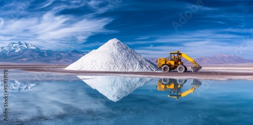 South America's Atacama Desert features a vivid white salt lake surrounded by lithium mining equipment and machinery.