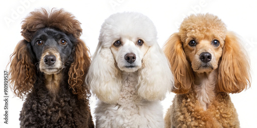 Three poodles are lined up in a portrait, showcasing their unique coat colors: white, brown, and black. Each poodle has distinct features and curly fur, highlighting the breed's diversity