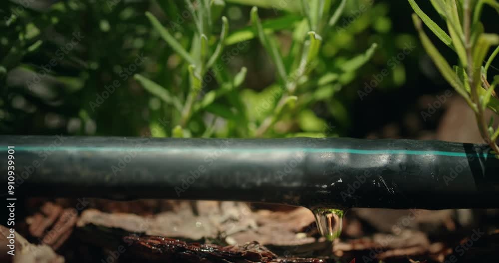 Close-up of a black irrigation pipe with a water droplet forming, surrounded by green foliage.