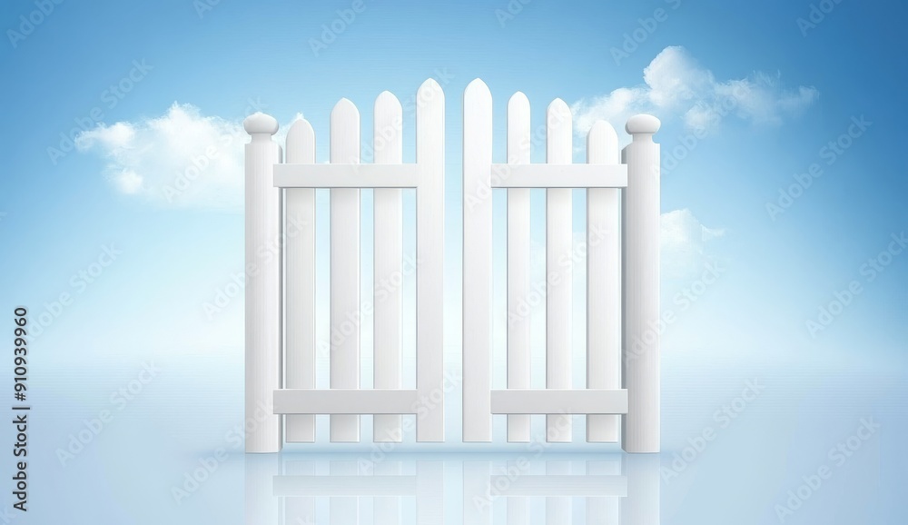 A white fence made of vertical slats is set against the blue sky A white fence made of vertical slats is set against the blue sky