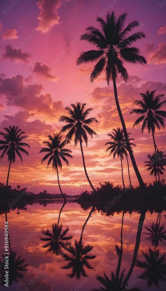 palm trees in the tropics with pink sunset sky and soft fluffy clouds palm trees in the tropics with pink sunset sky and soft fluffy clouds