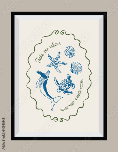 Minimal hand drawn vector dolce vita illustration with aesthetic quote in a poster frame. Art for greeting cards, wedding invitations, postcards, branding, logo design. Matisse style illustrations.	