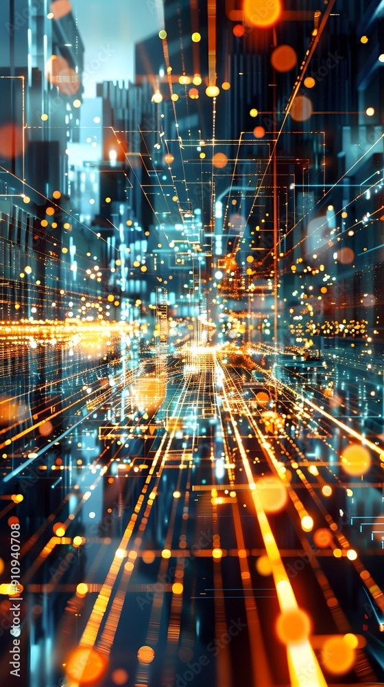 Futuristic Cityscape with Digital Lines and Bokeh Lights. Futuristic Cityscape with Digital Lines and Bokeh Lights.