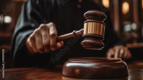 Civil Rights Attorney with courtroom exhibits and a gavel Judge s hand banging the gavel decisively photo