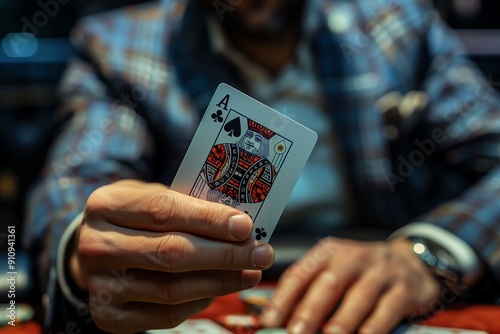 cinematic, product shot of a male hand holding the ace card, modern outfit, card game, shot by ARRFLEX 35 BL Camera, Canon K35 Prime Lenses, 70mm photo