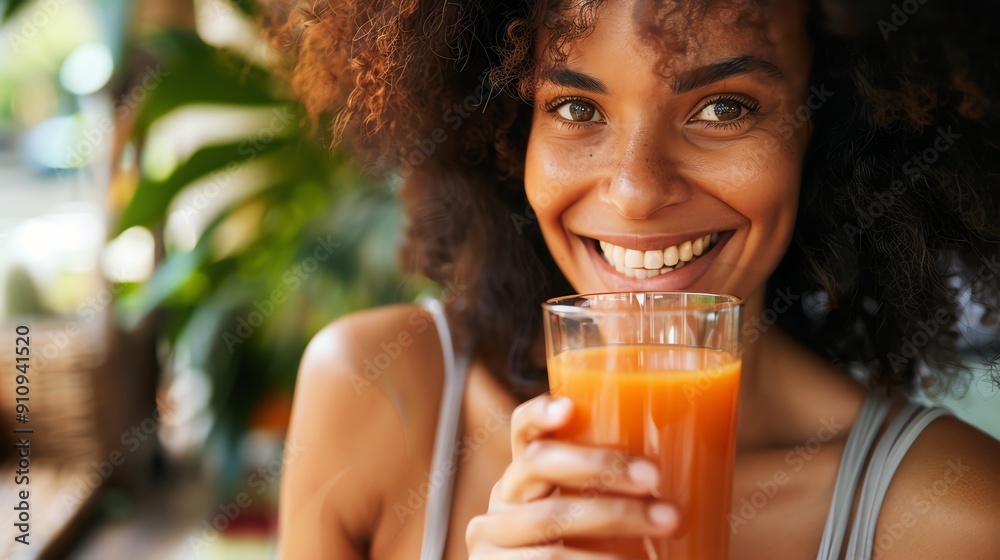 A woman with curly hair smiles broadly while holding a glass of orange juice. A woman with curly hair smiles broadly while holding a glass of orange juice.