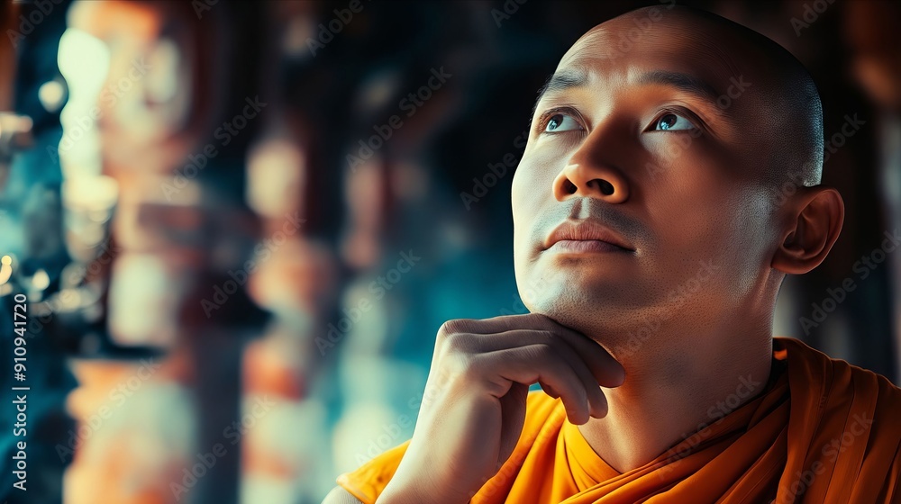 Fototapeta premium A man in an orange robe looking up at the sky