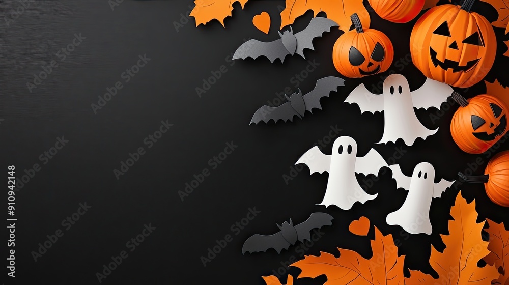 Spooky Halloween Background with Bats, Pumpkins, and Ghosts. Festive Autumn Holiday Decor Elements