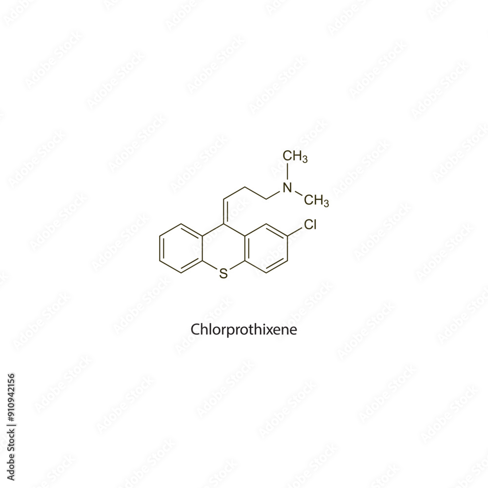 Chlorprothixene flat skeletal molecular structure Antipsychotic drug used in psychoses treatment. Vector illustration scientific diagram. Chlorprothixene flat skeletal molecular structure Antipsychotic drug used in psychoses treatment. Vector illustration scientific diagram.