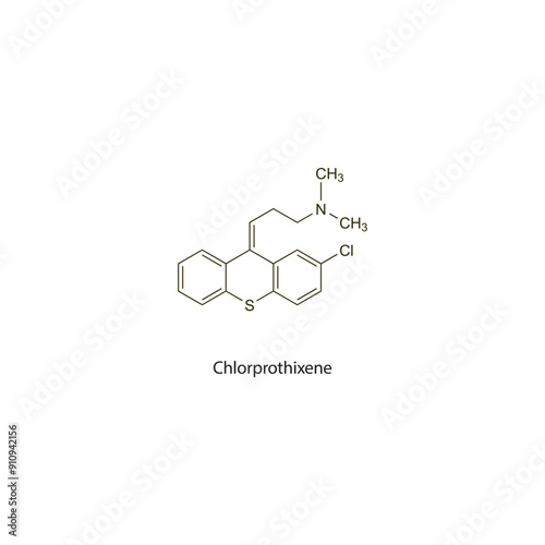 Chlorprothixene flat skeletal molecular structure Antipsychotic drug used in psychoses treatment. Vector illustration scientific diagram.