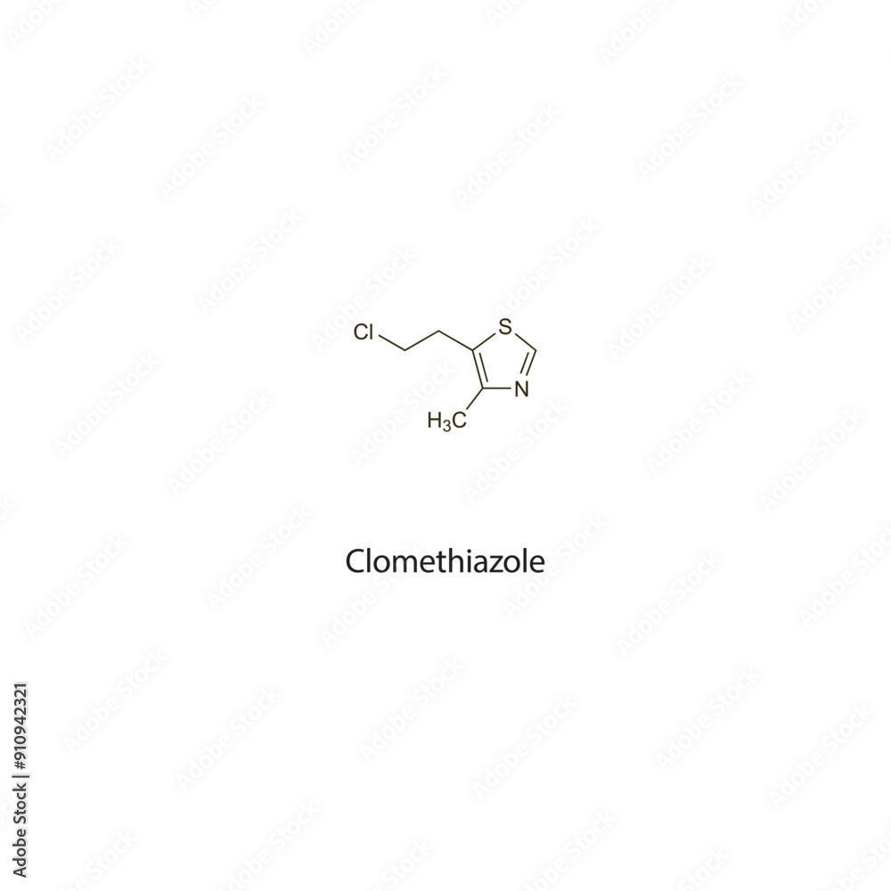Clomethiazole flat skeletal molecular structure Anxiolytic drug used in agitation treatment. Vector illustration scientific diagram. Clomethiazole flat skeletal molecular structure Anxiolytic drug used in agitation treatment. Vector illustration scientific diagram.