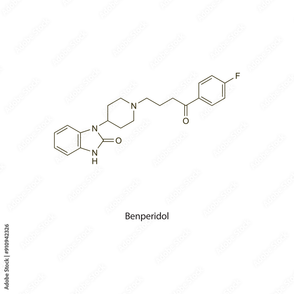 Benperidol flat skeletal molecular structure Antipsychotic drug used in deviant sexual behaviour treatment. Vector illustration scientific diagram. Benperidol flat skeletal molecular structure Antipsychotic drug used in deviant sexual behaviour treatment. Vector illustration scientific diagram.