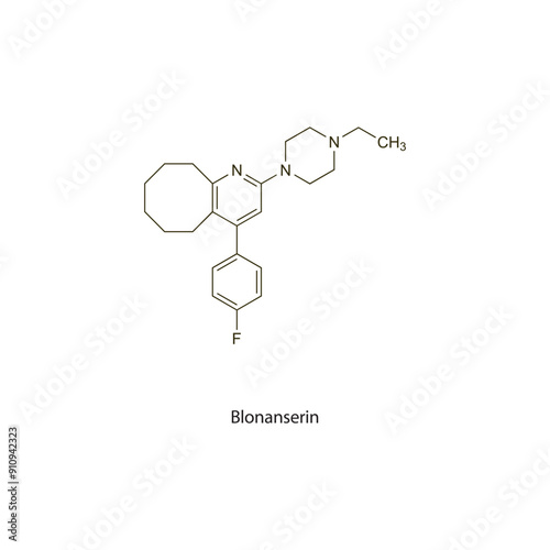 Blonanserin flat skeletal molecular structure Antipsychotic drug used in schizophrenia treatment. Vector illustration scientific diagram.