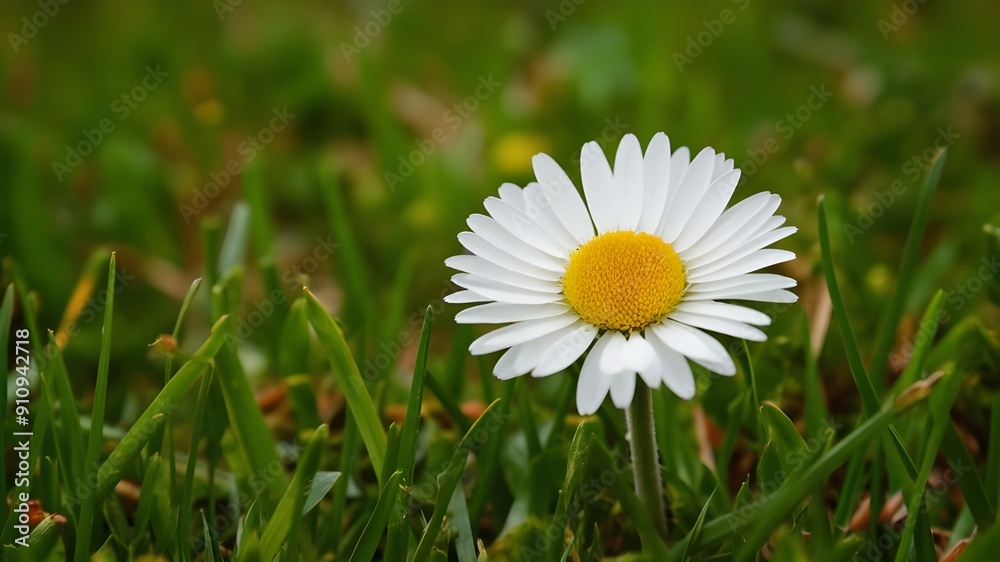 A daisy flower blooming in the center of a lush green meadow. A daisy flower blooming in the center of a lush green meadow.