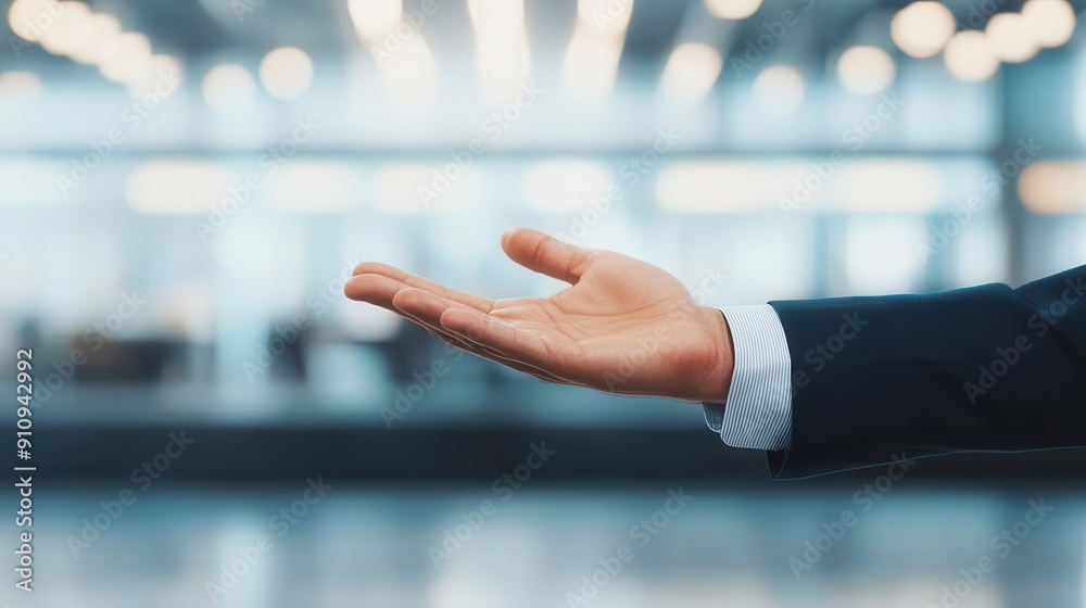 Businessman s open hand in focus, blurred busy office in the background close-up, businessman, one hand open, blur background, photo-realistic Businessman s open hand in focus, blurred busy office in the background close-up, businessman, one hand open, blur background, photo-realistic